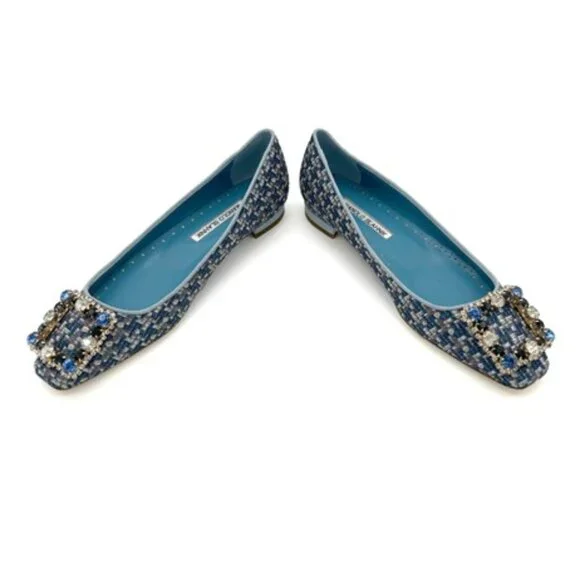 NIB-Manola Blahnik Blue Tweed Hangisflat - 39 - Picture 3 of 5